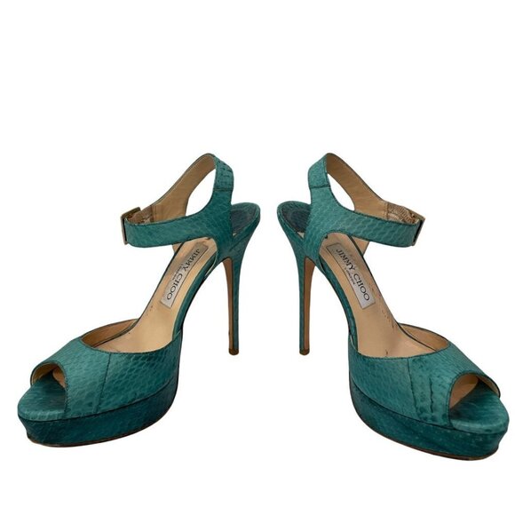 Jimmy Choo Linda Leather Green Python Snake Platform Sandals Ankle Strap 38 (8) - Picture 6 of 12